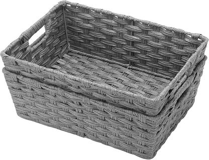 Large Wicker Storage Basket, Metal Frame, Set of 2, Washable Waterproof, 15" x 10.3" x 5.2", Grey Color, Woven Basket for Pantry, Toilet, Bathroom, Bedroom, Patio