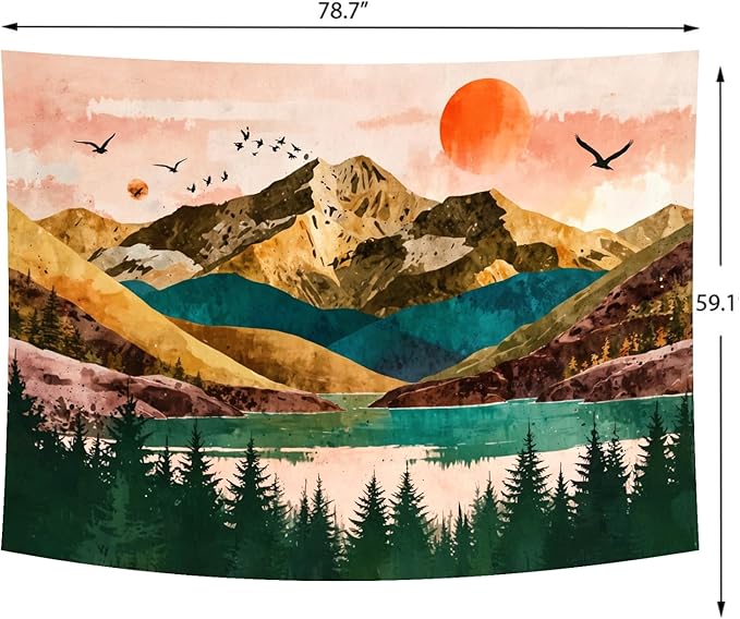Delur Mountain Tapestry Boho Sunset Nature Forest Tree Tapestry Wall Hanging Sunrise River Lake Landscape Psychedelic Headboard for Bedroom Living Room Home Decor (59.1" x 78.7")