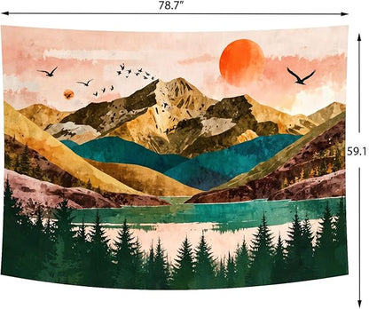 Delur Mountain Tapestry Boho Sunset Nature Forest Tree Tapestry Wall Hanging Sunrise River Lake Landscape Psychedelic Headboard for Bedroom Living Room Home Decor (59.1" x 78.7")