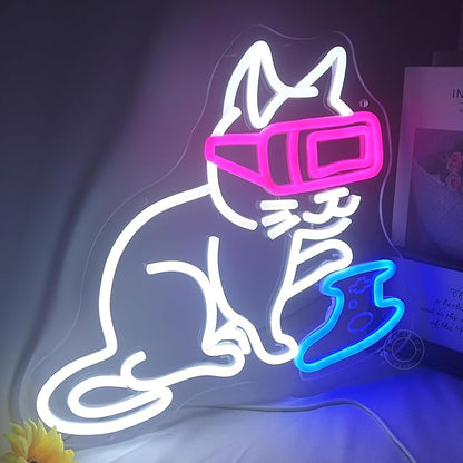 SYLHOME Game Cat Led Neon Light Sign Gamer Controller Pad Bedroom Game Room Bar Pub Man Cave Wall Sign Decor Gamer Teen Birthday Decoration USB 13"X12" Dimmer