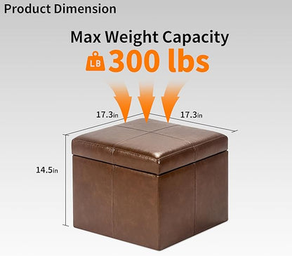 Adeco Faux Leather Cube Storage Ottoman, Coffee Brown Ottomans for Living Room, Bedroom