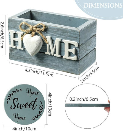 Queekay Coasters Set of 6 House Warming Gifts New Home Wooden Farmhouse Drink Coasters with Holder 4'' Funny Decoration for Kitchen Family Coffee Bar Tabletop Protection(Ocean Color)