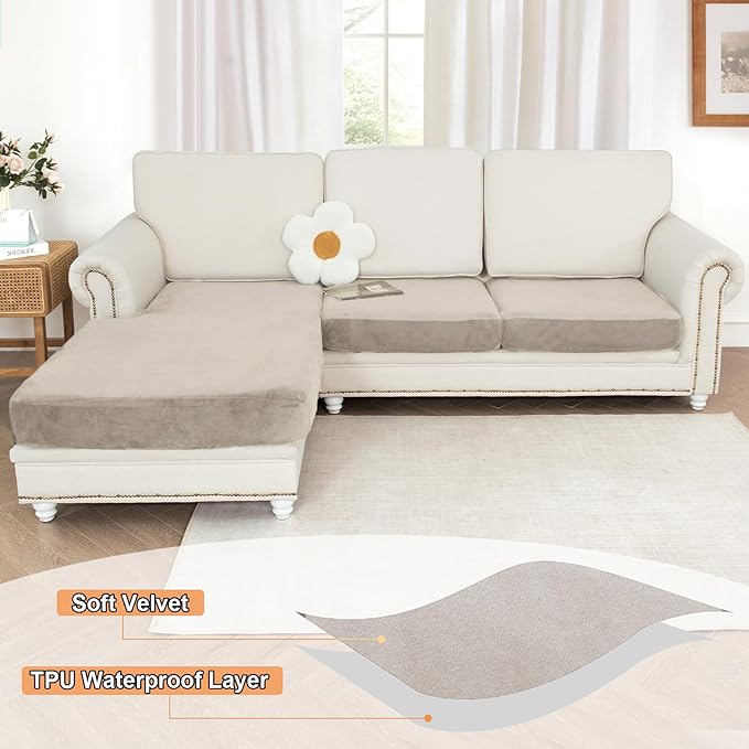 NAISI Waterproof Couch Cushion Covers Thick Velvet Fabric Washable Sofa Slipcovers Sectional Couch Covers for 3 Pieces Separate L Shape Couch Cover with Elastic Bottom(2 Seater + 1 Chaise,Light Taupe)