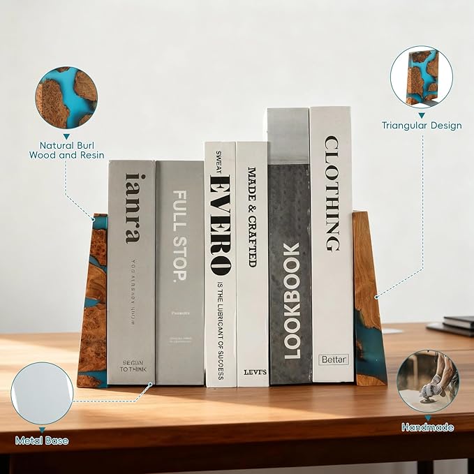 Glow in The Dark Bookends, Wood Bookends for Shelves,Blue Luminous Book Ends with Burl Wood and Resin,Decorative Book Stopper Binder and Dividers, Blue, Large,Unique Desk Decor for Home Office Library