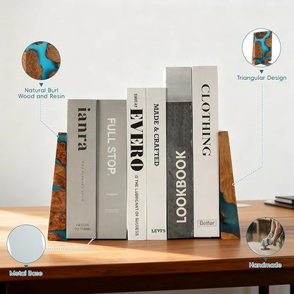 Glow in The Dark Bookends, Wood Bookends for Shelves,Blue Luminous Book Ends with Burl Wood and Resin,Decorative Book Stopper Binder and Dividers, Blue, Large,Unique Desk Decor for Home Office Library