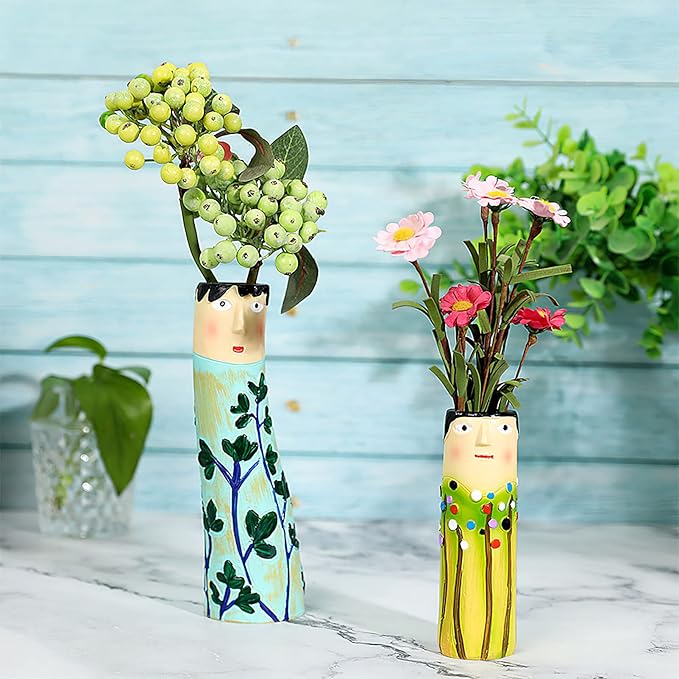 Spring Bud Vases, Bohemian Family Face Vase Boho Cute Home Decor, Character Vase Flower Plant Holder Bathroom Shelf Decor for House Decor Living Room Wedding Centerpieces (D)
