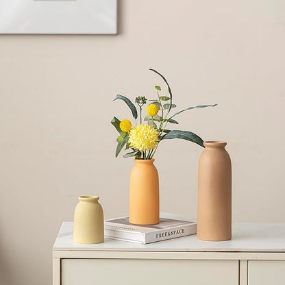 Ceramic Vase Set-3, Small Flower Vases for Decor, Modern Boho Farmhouse Style, Decorative Vases for Pampas Grass & Dried Flowers, Distressed Finish (Brown Mix)
