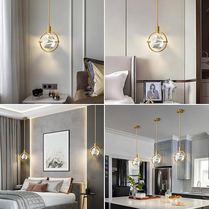 Modern Crystal Pendant Light in Gold Brushed Brass Finish Mini LED Light Fixtures Metal Rod Ceiling Gold Chandelier for Kitchen Island Bedroom Dining Room Bar(1-Lights)