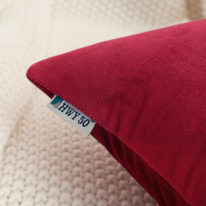 HWY 50 Burgundy Red Velvet Throw Pillow Covers 18x18 Inch, Pack of 2 Soft Cozy Solid Decorative Luxury Cushion Cases for Couch Sofa Bed Living Room Bedroom