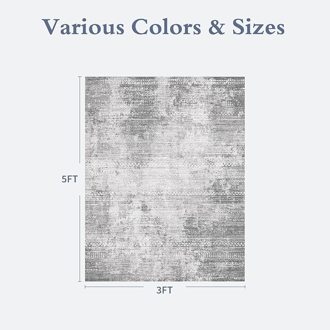 3 x 5 Rug Small Non Slip Machine Washable Rug Distressed Abstract Soft Indoor Carpet Neutral Boho Rug for Bedroom Living Room Entryway Kitchen Bedside, Grey