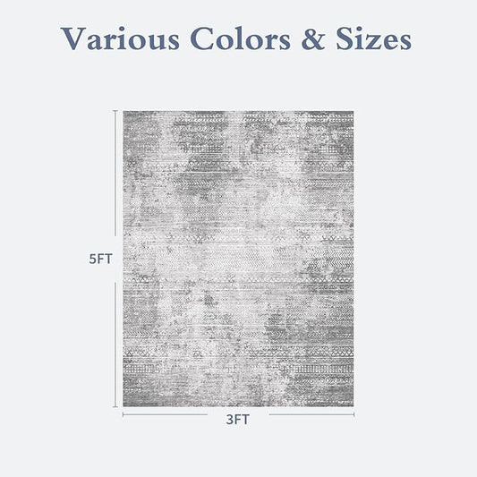 3 x 5 Rug Small Non Slip Machine Washable Rug Distressed Abstract Soft Indoor Carpet Neutral Boho Rug for Bedroom Living Room Entryway Kitchen Bedside, Grey