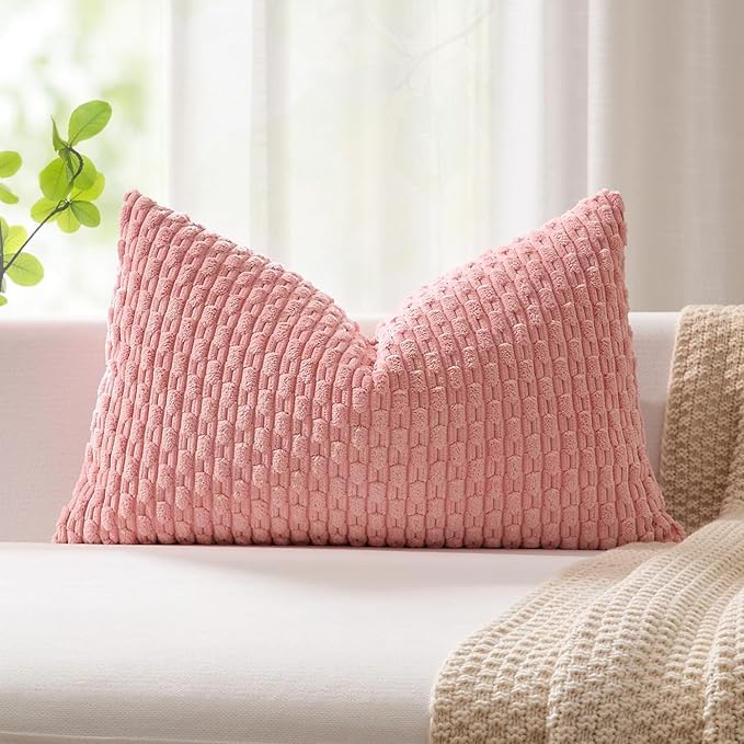 Kevin Textile Valentines Day 12x20 Inch Pillow Cover 1 Pack Boho Decorative Soft Striped Corduroy Lumbar Farmhouse Accent Rectangle Cushion Case for Living Room Couch Sofa Bed, Dark Pink