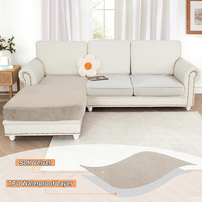 NAISI Waterproof Couch Cushion Covers Thick Velvet Fabric Washable Sofa Slipcovers 1 Piece Individual Sectional Couch Covers with Elastic Bottom(1 PC for Chaise Lounge,Light Taupe)