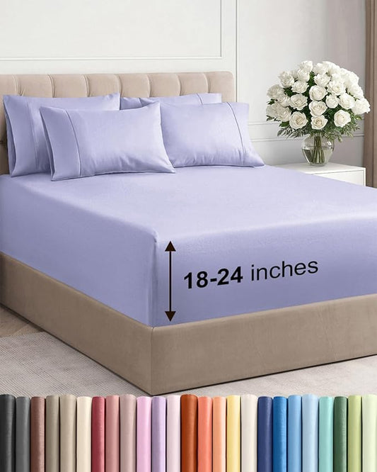 Extra Deep Full Sheet Set - 6 Piece Breathable & Cooling Sheets - Hotel Luxury Bed Sheets Set - Easy & Secure Fit - Soft, Wrinkle Free & Comfy Sheets Set - Lavender Sheet Set with Extra Deep Pockets