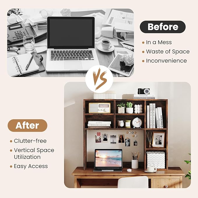 Desk Hutch, Desktop Organizer with 7 Cubes & 3 Adjustable Shelves, 3 Tier Wooden Display Rack, 37” Counter Top Bookshelf for Dorm, College, Home Office, Hutch Top Only