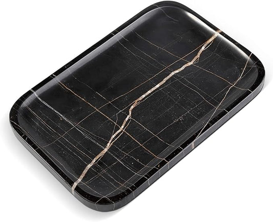 Koville Marble Tray, 12"x8" Marble Vanity Tray for Bathroom Kitchen Countertop, Rectangular Stone Tray for Cosmetics Perfume Trinket, Decorative Catchall Trays (Black)