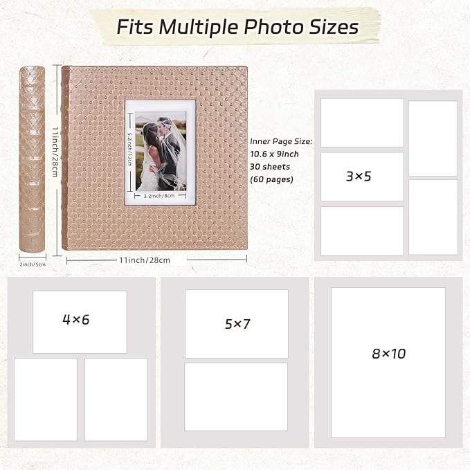 RECUTMS Self Adhesive Photo Album Magnetic Scrapbook Album 60 Pages Double Sided Pages Leather Cover DIY Photo Album Holds Photos of Any Size Baby Family Wedding Anniversary Albums(Light Brown)