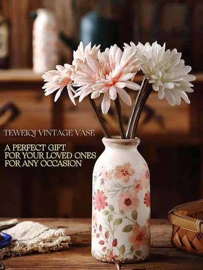 Vintage Flora Ceramic Vase Set, Retro Rustic Cute Vase Gift, Art Decorative Vase for Your Home, Kitchen, Bedroom, Office, Living Room, Bathroom, & Shelf Centerpiece Table Decorations