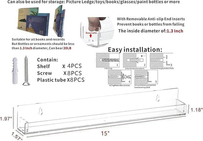 KLGO 15 Inch Invisible Acrylic Floating Wall Ledge Shelf,Wall Mounted Nursery Kids Bookshelf, Invisible Spice Rack, Clear 5MM Thick Bathroom Storage Shelves Display Organizer,Transparent (6 Pack)