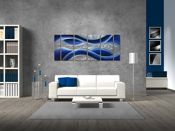 Handcrafted Abstract Metal Wall Art with Soft Color, Large Scale Decor in Huge Blue Line Design, 3D Artwork for Indoor Outdoor Wall Decorations, 6-Panels Metal Art Measure 24"x 65"