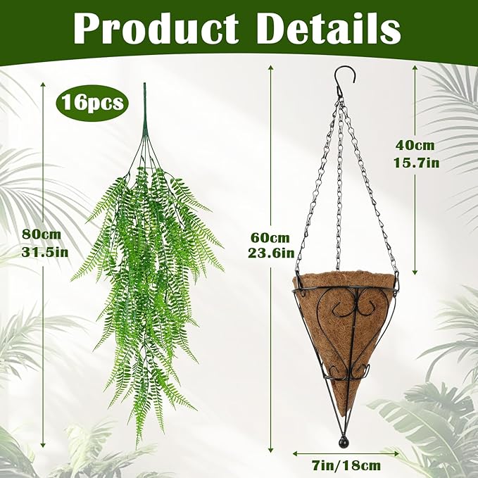 Fake Hanging Plant Outdoor Artificial Boston Fern Hanging Baskets 2 Set Fake Ferns Hanging Plants Artificial Decor 23.6" Artificial Ferns for Outdoors Front Porch Patio Garden Home Decor