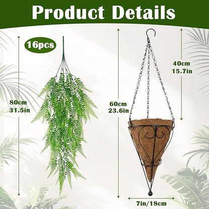 Fake Hanging Plant Outdoor Artificial Boston Fern Hanging Baskets 2 Set Fake Ferns Hanging Plants Artificial Decor 23.6" Artificial Ferns for Outdoors Front Porch Patio Garden Home Decor