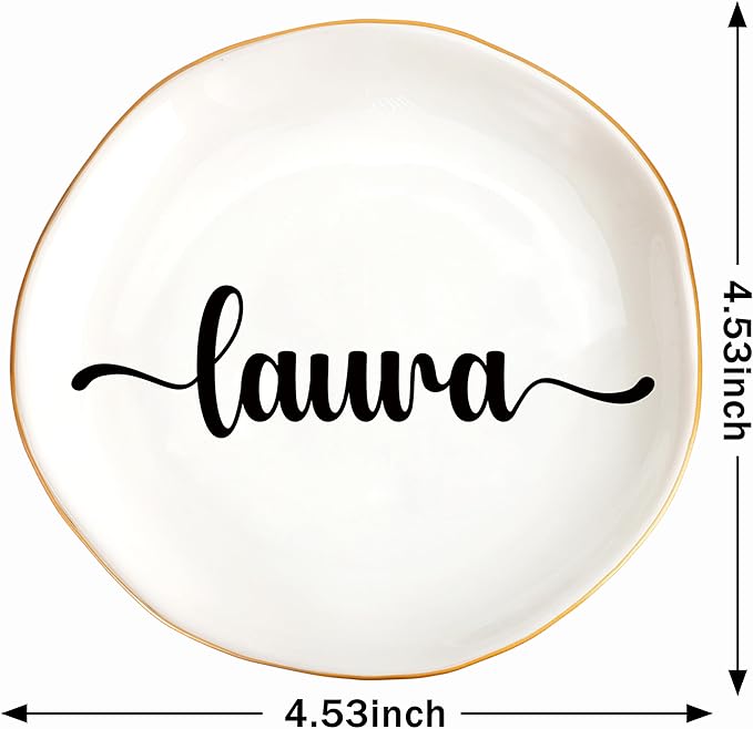 JoycuFF Laura Personalized Name Ceramic Jewelry Tray, Mothers Day Christmas Anniversary Engagement Birthday Gifts for Women Couples, Trinket Dish for Rings Earrings Necklaces Bracelets Keys