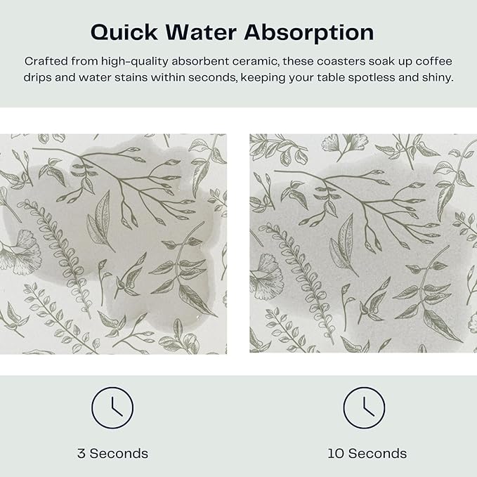 Set of 6 Floral Sage and White Coasters with Holder, Absorbent Ceramic Drink Coasters with Cork Backing for Table Protection, Coffee Table Décor