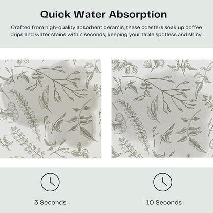 Set of 6 Floral Sage and White Coasters with Holder, Absorbent Ceramic Drink Coasters with Cork Backing for Table Protection, Coffee Table Décor