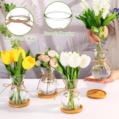 Bulb Glass Vases for Flowers Forcing Hyacinth Clear Decorative Bulb Vase with Round Bamboo Coaster for Home Office Table Decoration(8 Pcs)