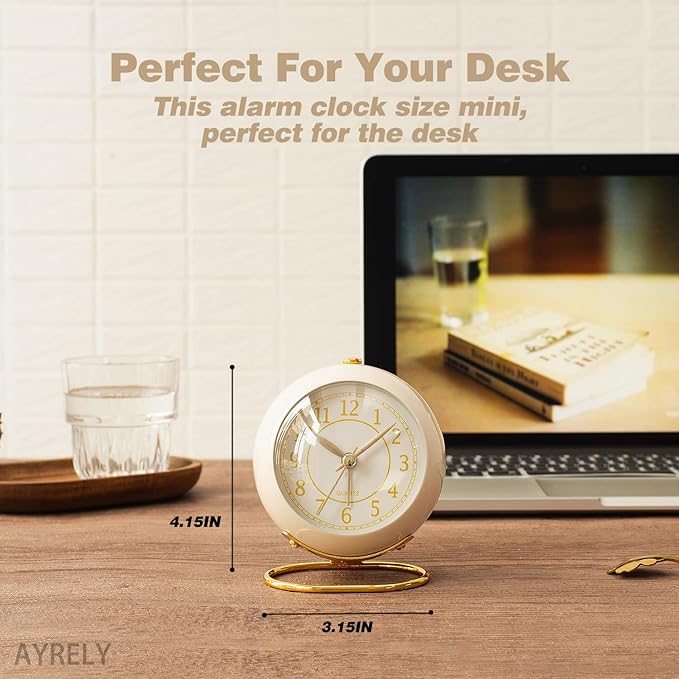 AYRELY® Battery Operated Desk Alarm Clock with Light,Silent No Ticking,Small Table Clock for Bedside/Bedroom/Living Room/Office/Travel/Kids/Room Decor Aesthetic Vintage(Cream)