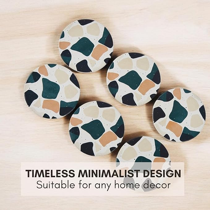 Black Terrazzo Drink Absorbent Coasters with Holder Set of 6, Ceramic Coaster for Drinks, Coffee Table Decor, Water Absorbing Stone Coaster for Drinks (Midnight)