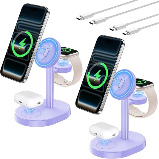 2025 3 in 1 Wireless Charging Station for Apple MagSafe Charger, 15W Fast Magnetic Mag-Safe Charger Stand for iPhone 17 16 15 14 13 12 Watch AirPods, 2 Pack(Adaptor Not Included)