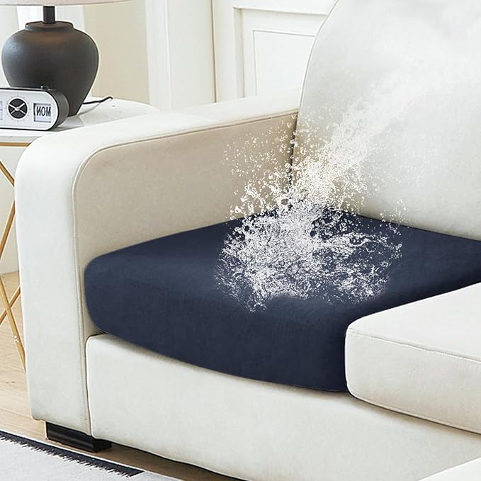 NAISI Waterproof Couch Cushion Covers Thick Velvet Fabric Washable Sofa Slipcovers 1 Piece Individual Sectional Couch Covers with Elastic Bottom(1 PC for Seat Cushion or Backrest,Navy)