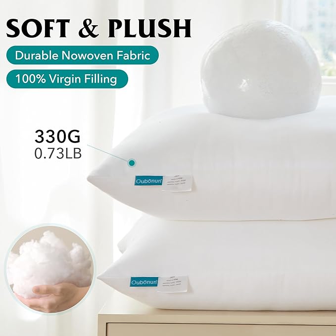 Oubonun 12 x 20 Throw Pillow Inserts - Soft, Plush & Decorative Down Alternative Pillows for Couch Sofa Bed, Machine Washable - White, Pack of 2