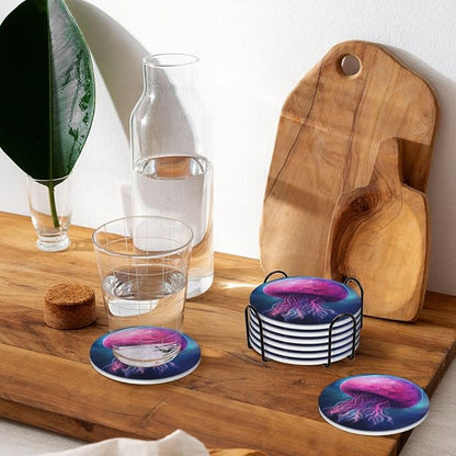 6 Pcs Ceramic Coasters with Holder Absorbent Drink Round Fantasy Starry Sky Pink Gellyfish Design for Home Table Coffee Cup Wine Beer Bar,Size 4.4 inches