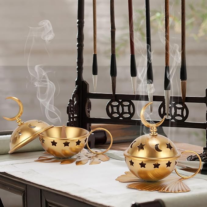 Incense Burner Metal Cones Incense Holder with Handle for Yoga, Spa Aromatherapy Golden Censer