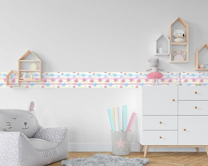 FLFK Wallpaper Border, Rainbow Flowers Peel and Stick Wall Border Self Adhesive Wall Paper Borders for Bedroom Living Room Girl's Room Kitchen Bathroom 8"x240"