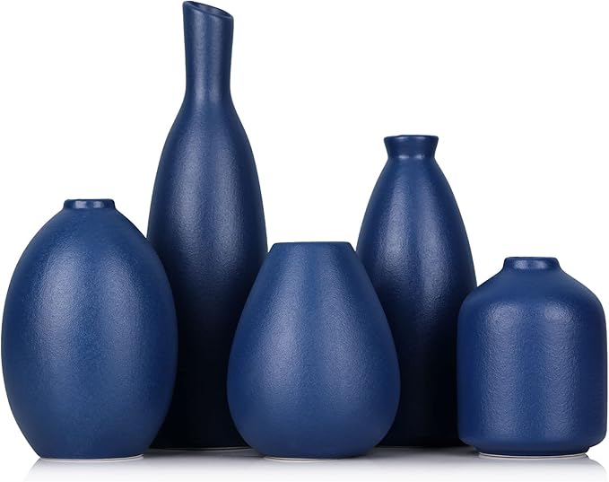Blue Ceramic Vase - Set of 5 Blue Bud Vases, Modern Farmhouse Navy Blue Decorative Vases for Home, Office, Living Room, Table Decor - Ideal Centerpieces for Flowers, Shelf and Fireplace Accents