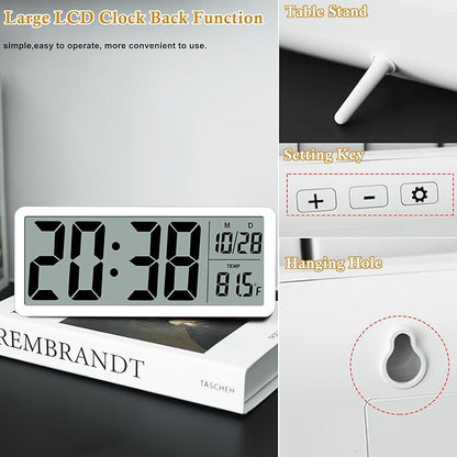 8.5" Modern Digital Wall Clock, Battery Operated, White, Simple LCD Display with Temperature/Date/Time - 12/24H, Small Digital Clock for Bedroom, Living Room Decor