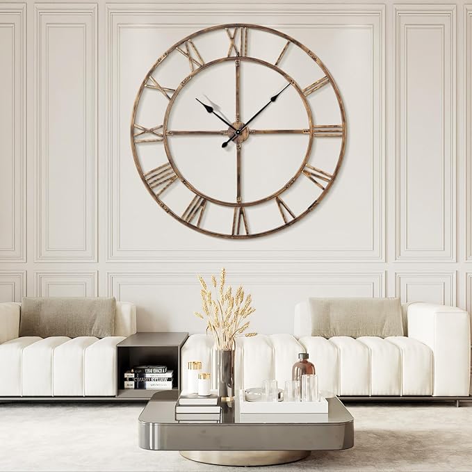 Large Wall Clock for Living Room Decor – 60 Inch Silent Non-Ticking Modern Farmhouse Wall Clock, Oversized Decorative Metal Roman Numeral Clock (Bronze, 60 Inch)