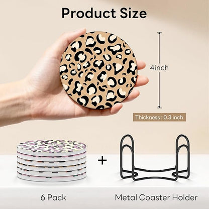 6-Piece Ceramic Coaster Set with Tray Diameter: 3.94 in Thickened Absorbent Material Heat-Resistant and Water-Absorbent Coaster Set Suitable for All Types of Cups， Leopard Print