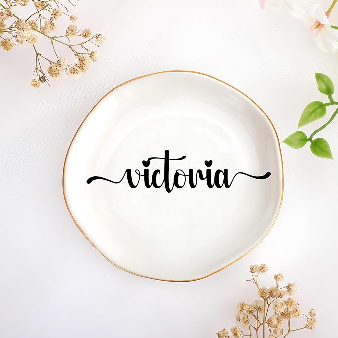JoycuFF Victoria Personalized Name Ceramic Jewelry Tray, Mothers Day Christmas Anniversary Engagement Birthday Gifts for Women Couples, Trinket Dish for Rings Earrings Necklaces Bracelets Keys