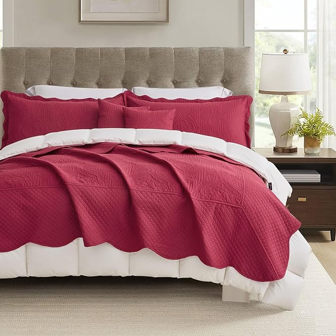 HZ & HY Oversized King Bedspread 128x120 Extra Wide, Ultrasonic Coverlet Bedding Set, Lightweight Thin Comforter, Reversible, 5 Piece, 100% Microfiber, Wine Red