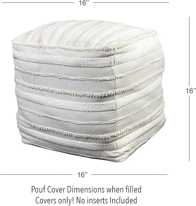 Chardin home Unstuffed Ottoman, Cozy & Bohemian Pouf Covers, Hand Crafted Casual Seating, Footrest, Square Floor Pillow for Home, Office, Bedroom, Living Room, 16 x 16 x16 Inch., Ivory-Beige.