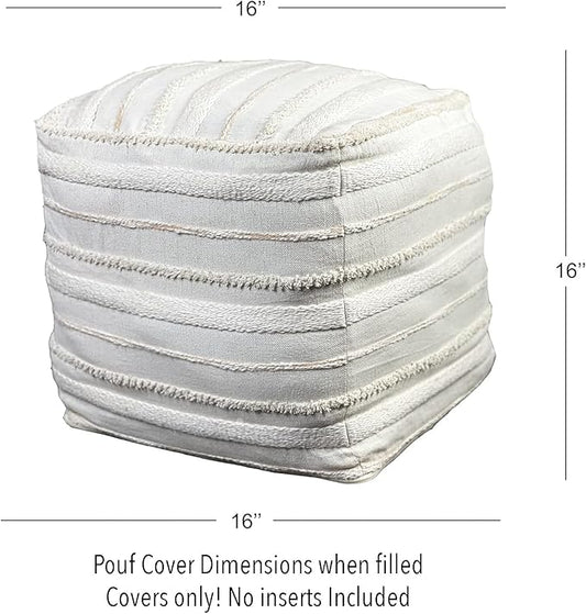 Chardin home Unstuffed Ottoman, Cozy & Bohemian Pouf Covers, Hand Crafted Casual Seating, Footrest, Square Floor Pillow for Home, Office, Bedroom, Living Room, 16 x 16 x16 Inch., Ivory-Beige.