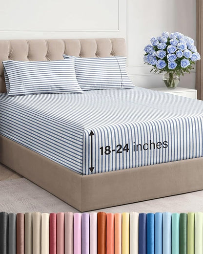 Extra Deep Twin Sheet Set - 4 Piece Breathable and Cooling Sheets - Hotel Luxury Bed Sheets Set - Easy Fit - Soft, Wrinkle Free and Comfy Sheets Set - Blue Striped Sheet Set with Extra Deep Pockets