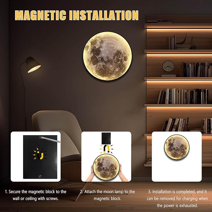 Dimmable Moon Wall Lamp, Rechargeable Battery Operated Wall Sconce Moon Lights with Remote, 3 Color Indoor Wall Mounted Lighting Ceiling Light for Living Bedroom Birthday Christmas Gift - 12 inch