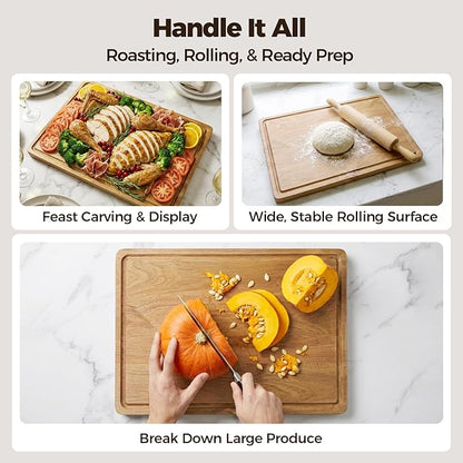 Acacia Wood Cutting Board for Kitchen - 17"x12" Large Chopping Board with Juice Grooves & Handles, 1" Thick FSC Certified Butcher Block Cutting Board for Meat and Veggies, Ideal Gift