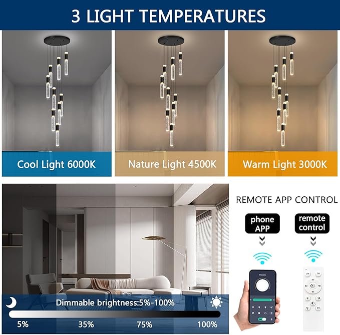 9-Lights Modern Crystal Spiral Chandelier for Staircase High Ceiling Chandeliers Bubble Pendant Lighting Hanging Light Fixture Flush Mount for Foyer Entryway